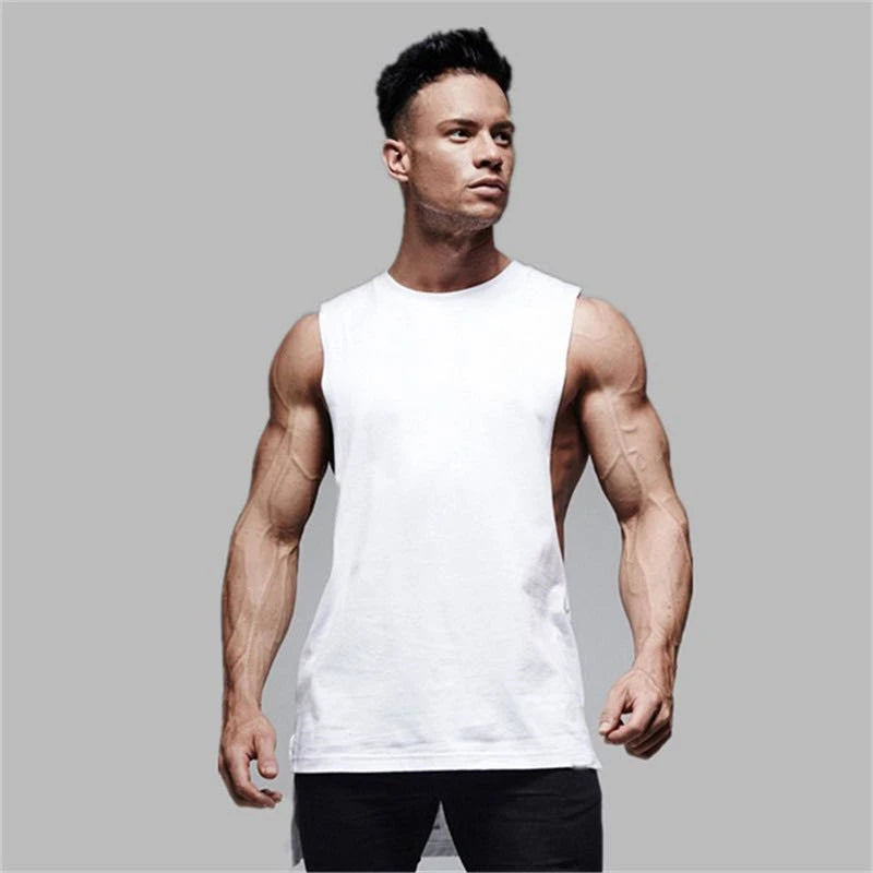 Mens Casual Gym Tank Top Summer Fitness Clothing Cotton Workout Sports Sleeveless Shirt Male Extend Long Singlet Hip Hop Vest