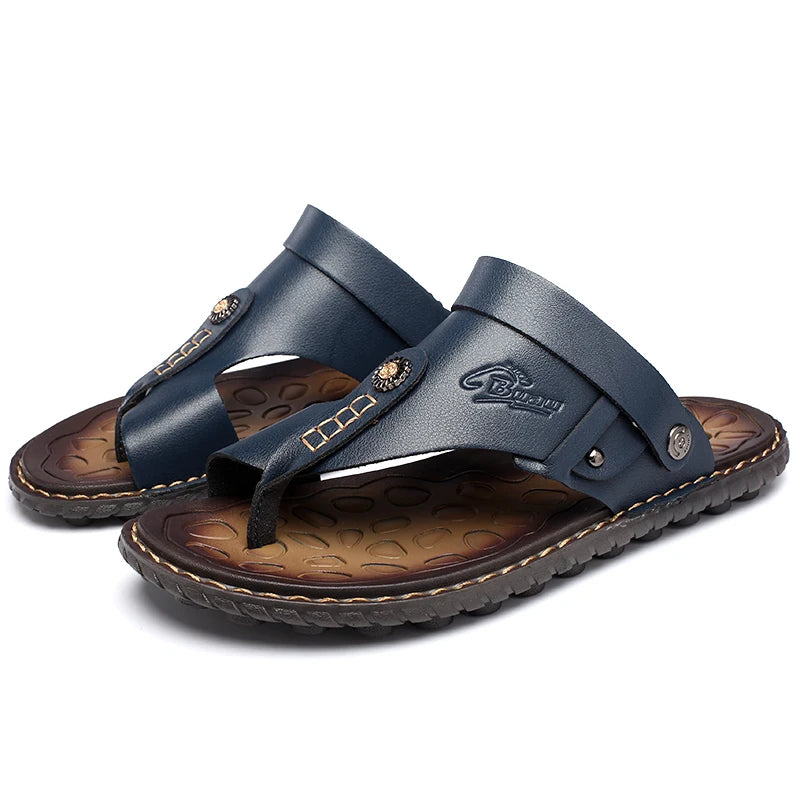 Hot Sale Men's Summer Sandals Breathable Leather Flip-Flops Slippers Men  Hand-made Beach Casual Shoes Big Size 47