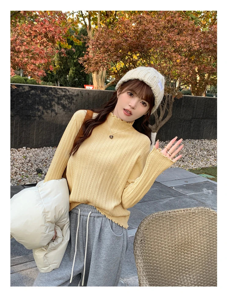 2026 Ruched Turtleneck Women Sweaters Autumn Winter Warm Pullover Slim Tops Knitted Sweater Jumper Soft Pull Female