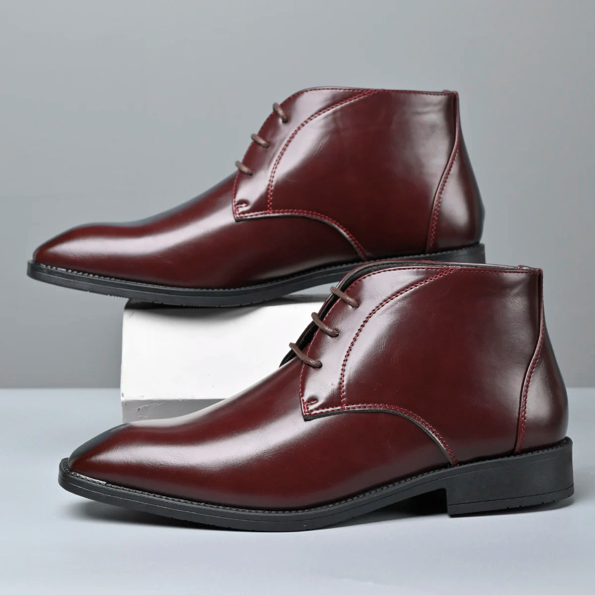 Men's Pointed Toe Ankle Boots Lace‑Up Leather Business Formal Dress Shoes Male High Top Footwear Man Chelsea Boots Comfy Botas