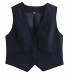 HH Elegant Womens Minimalist Solid Color Suit Vest Fitted Waist V Neck Office Workwear Business Waistcoat Casual Streetwear Tops