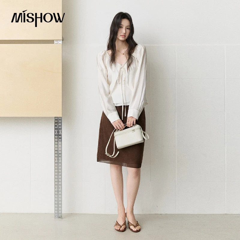 MISHOW Women's French Lace Trim Blouse 2026 Autumn V‑Neck Tie Front Loose solid blouses Babydoll Style Casual Tops MXF43X2783