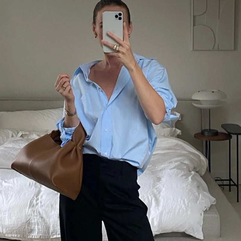 HXAO 2025 Woman Blouses Long Stripe Shirts Women Spring Summer Long Sleeve Blue White Shirt Woman Large Tops Button Up Shirts