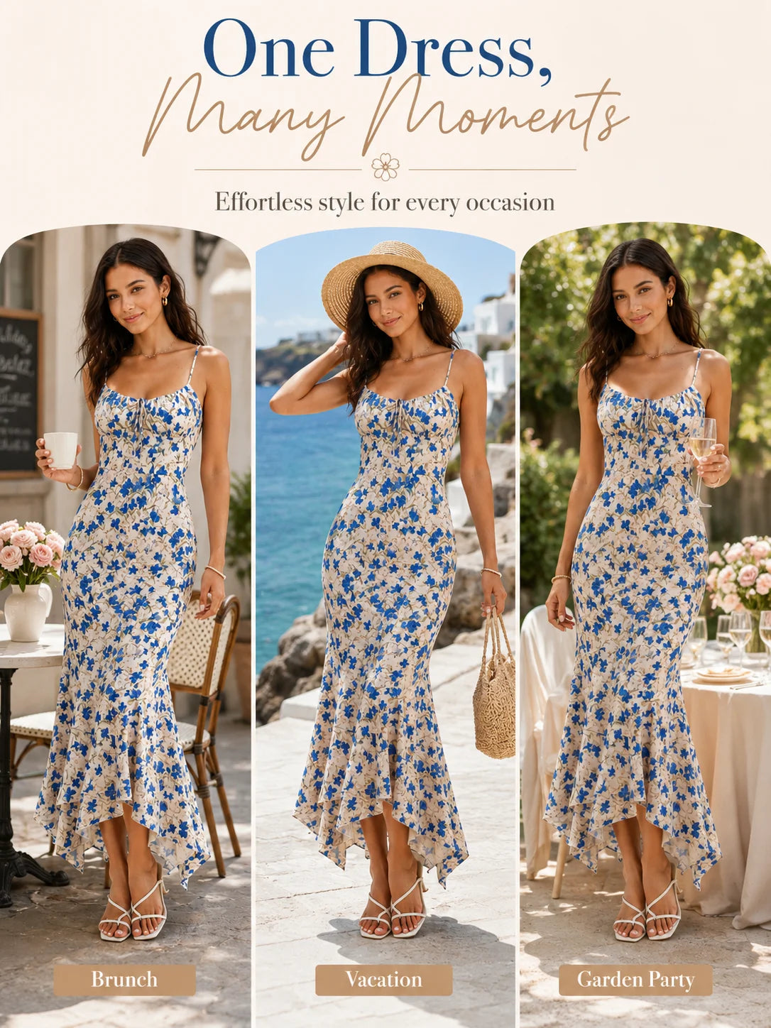 Floral Print Spaghetti Strap Maxi Dress for Women, V Neck Front Drawstring Bodycon Midi Long Dress, Slim Fit Split Hem Summer Beach Vacation Party Sundress