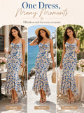 Floral Print Spaghetti Strap Maxi Dress for Women, V Neck Front Drawstring Bodycon Midi Long Dress, Slim Fit Split Hem Summer Beach Vacation Party Sundress