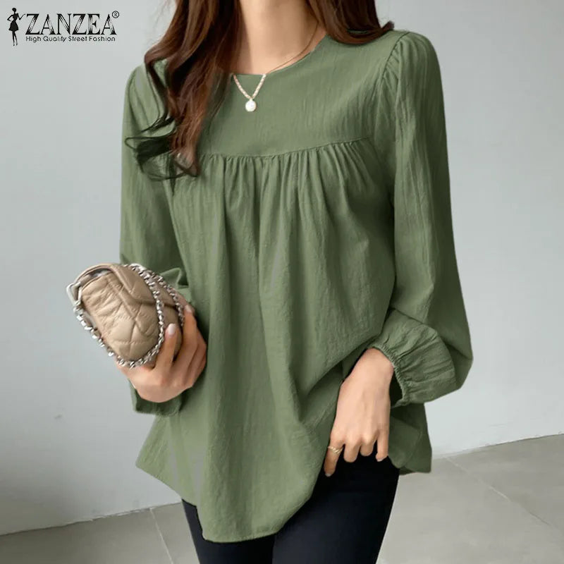 ZANZEA Elegant Solid Blouse Women Long Sleeve O Neck OL Work Shirt Spring Autumn Fashion Tunic Tops Blusas Female Loose Chemise