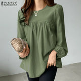 ZANZEA Elegant Solid Blouse Women Long Sleeve O Neck OL Work Shirt Spring Autumn Fashion Tunic Tops Blusas Female Loose Chemise