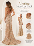 Sexy Sequin Floral Mermaid Evening Gown for Women Deep V Neck Spaghetti Strap Formal Prom Dress Floor Length Tulle Wedding Guest Party Ball Gown