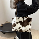 Large Capacity Shopper Bags For Women Winter Travel Tote Bag Cow Printing Plush Shoulder Bag Ladies Handbag Designer Bolsos