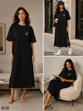 Smiley Letter Print Side Split Loose Oversized Women T‑Shirt Maxi Dress, Crew Neck Short Sleeve Casual Long Tee Dress, Soft Loungewear Nightgown, Streetwear Sundress for Daily Home Party Vacation Travel Shopping Casual Occa