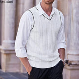 New Men's Knit V-Neck Sweater Vest Contrast Color Stripe Design Sleeveless Knitted Pullover Sweaters Men Smart Casual Waistcoats