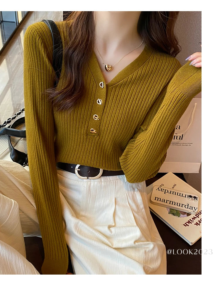 2026 Casual Slim Button Knitted Pullover Autumn Winter Women Sweaters Sweater Femme Basic Solid Jersey Tops Fashion Clothes