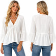 V Neck Bell Sleeve Blouses for Women Loose Fit Babydoll Tunic Tops Single Button Pleated Flowy Shirts Casual Daily Office Going‑Out Tunic