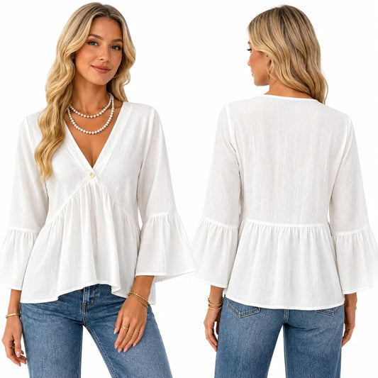 V Neck Bell Sleeve Blouses for Women Loose Fit Babydoll Tunic Tops Single Button Pleated Flowy Shirts Casual Daily Office Going‑Out Tunic