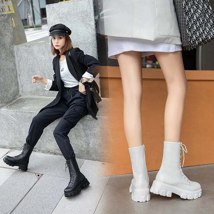 Platform Women's Ankle Boots Autumn 2023 Black White Thick Bottom Motorcycle Botas Mujer Pu Leather Non-Slip Combat Boots Women