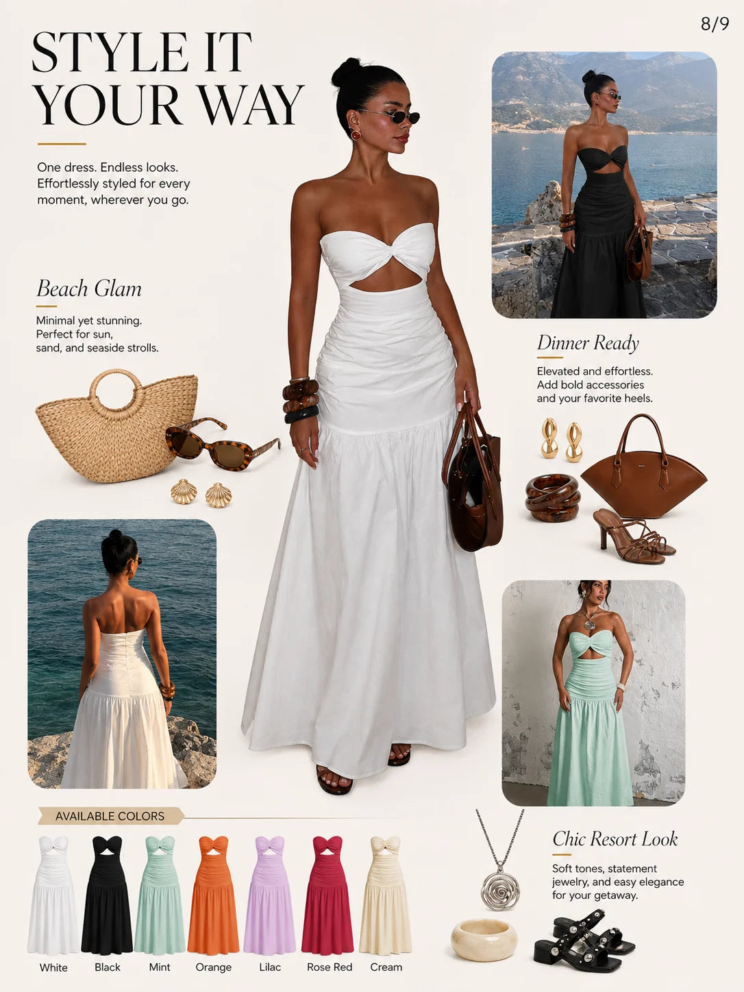 Women Strapless Twist Cutout Maxi Dress Ruched Waist Flowy A Line Long Tube Top Dress Summer Beach Vacation Casual Sundress