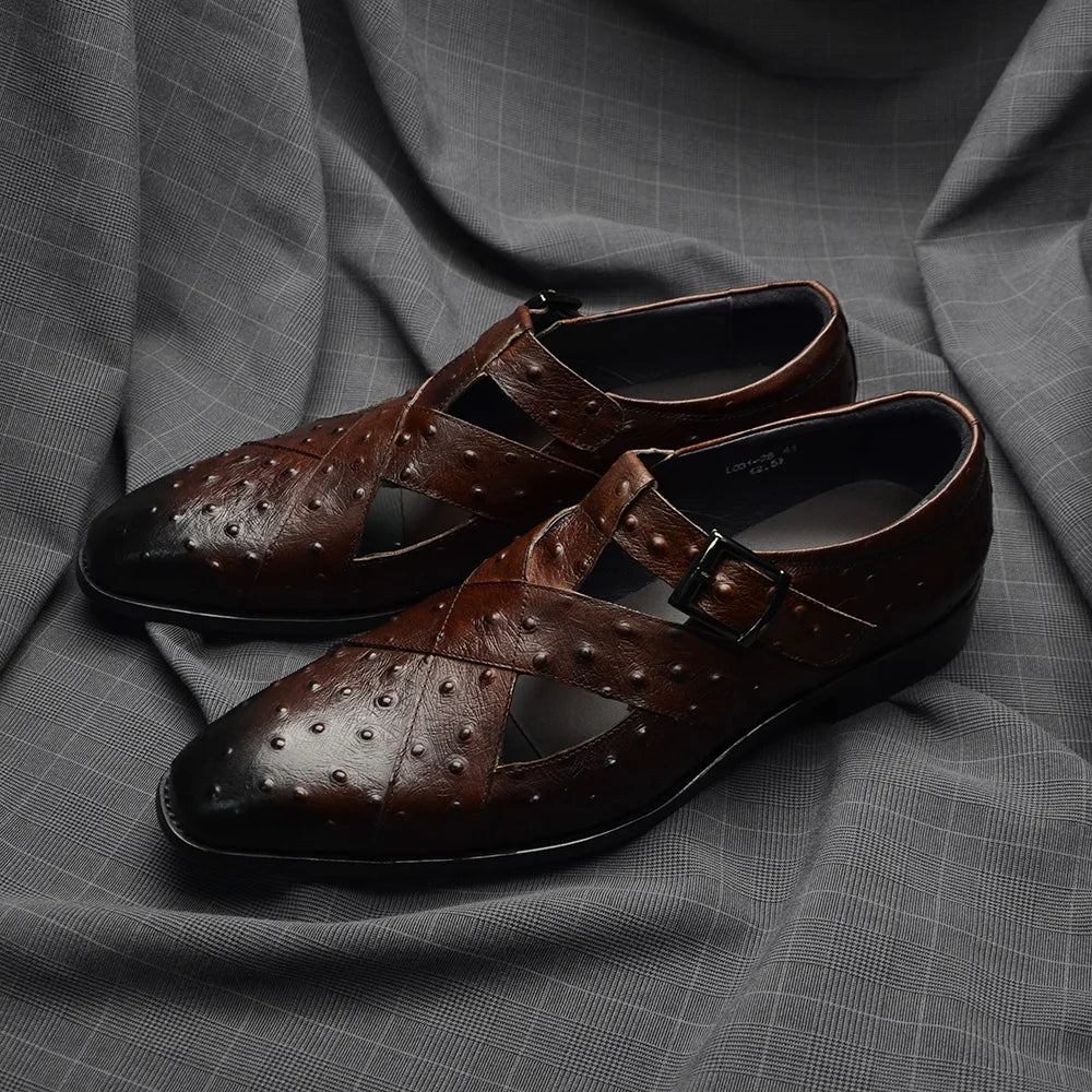 Rome Style Men's Sandals Genuine Cow Leather Summer Buckle Strap Hollow Out Casual Business Wedding Dress Shoes Men Open Shoes
