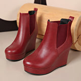 Women Platform Wedge Heel Chelsea Ankle Boots, Elastic Side Slip‑On Faux Leather Solid Color Spring Autumn Casual Short Booties