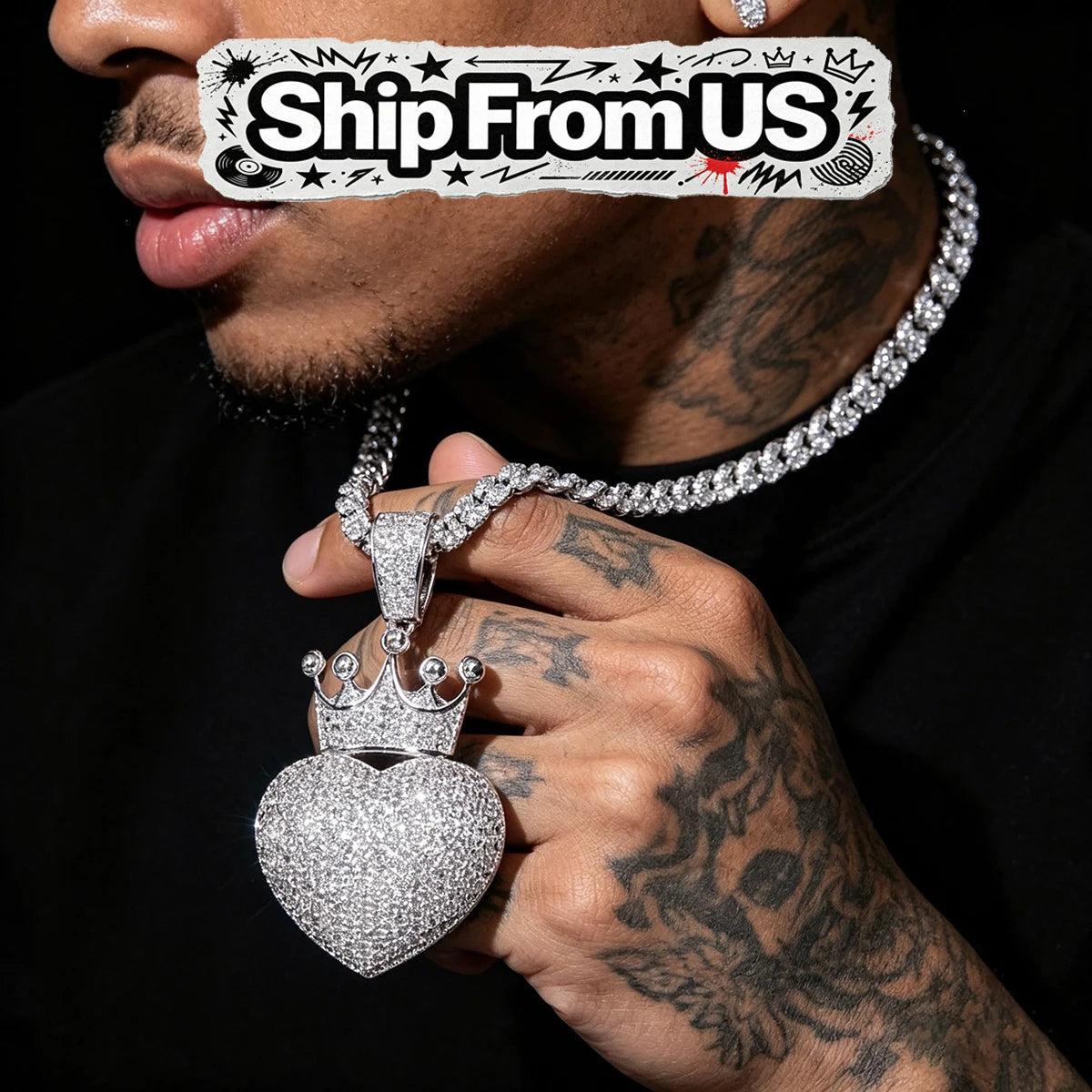 Bling Crown Love Heart Charm Rhinestone Heart Crown Jewelry For Men Women Trendy Rap Accessory Romantic Lovers Fine Jewelry Gifts for Girl Boy Friends Iced Out Crowned Heart Pendant Micro Pave Cubic Zirconia 18K Gold Plated H