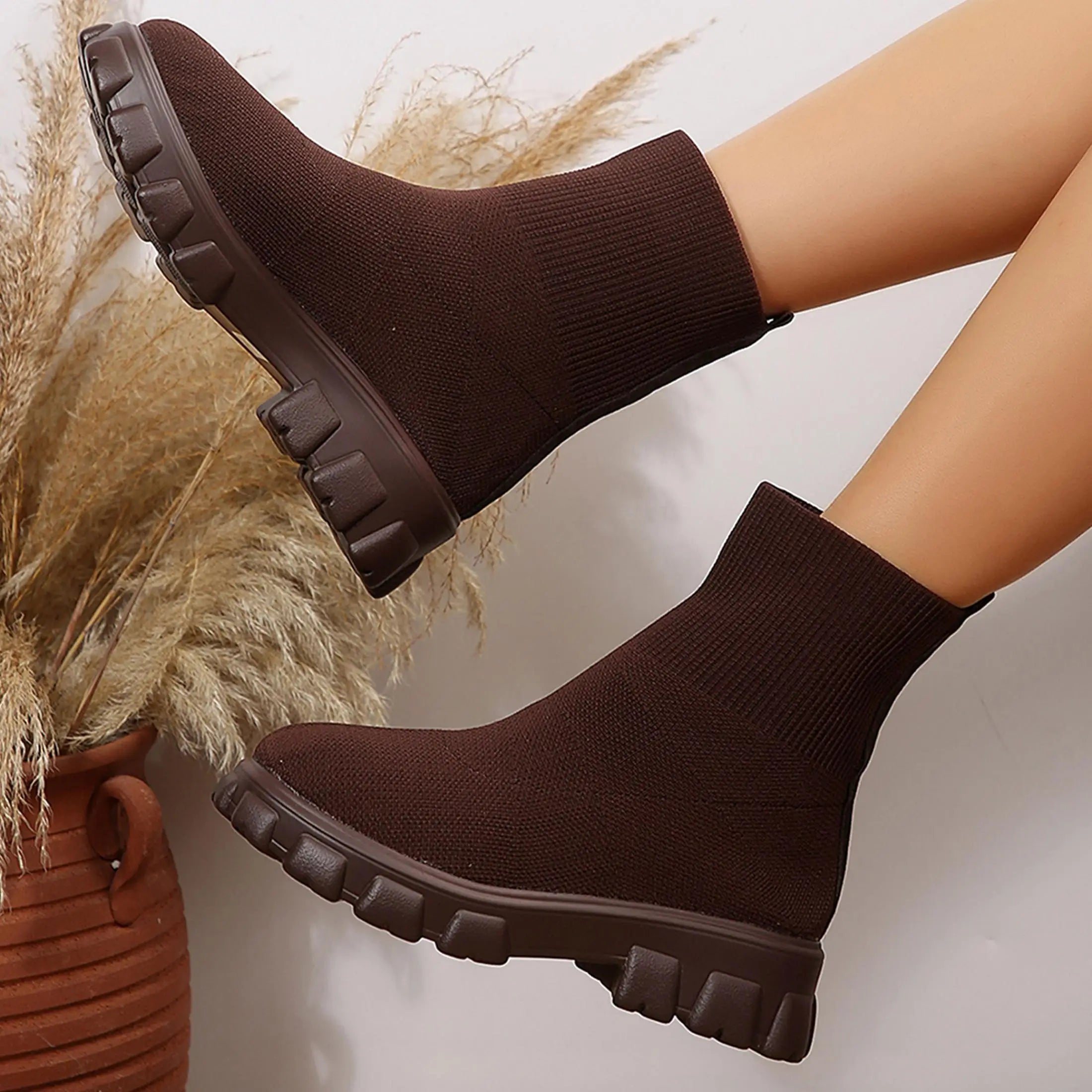 Ankle Boots for Women Comfortable Round Toe Slip On Stretch Soft Chunky Block Heel Knit Platform Boots Punk Dress Sock Boots