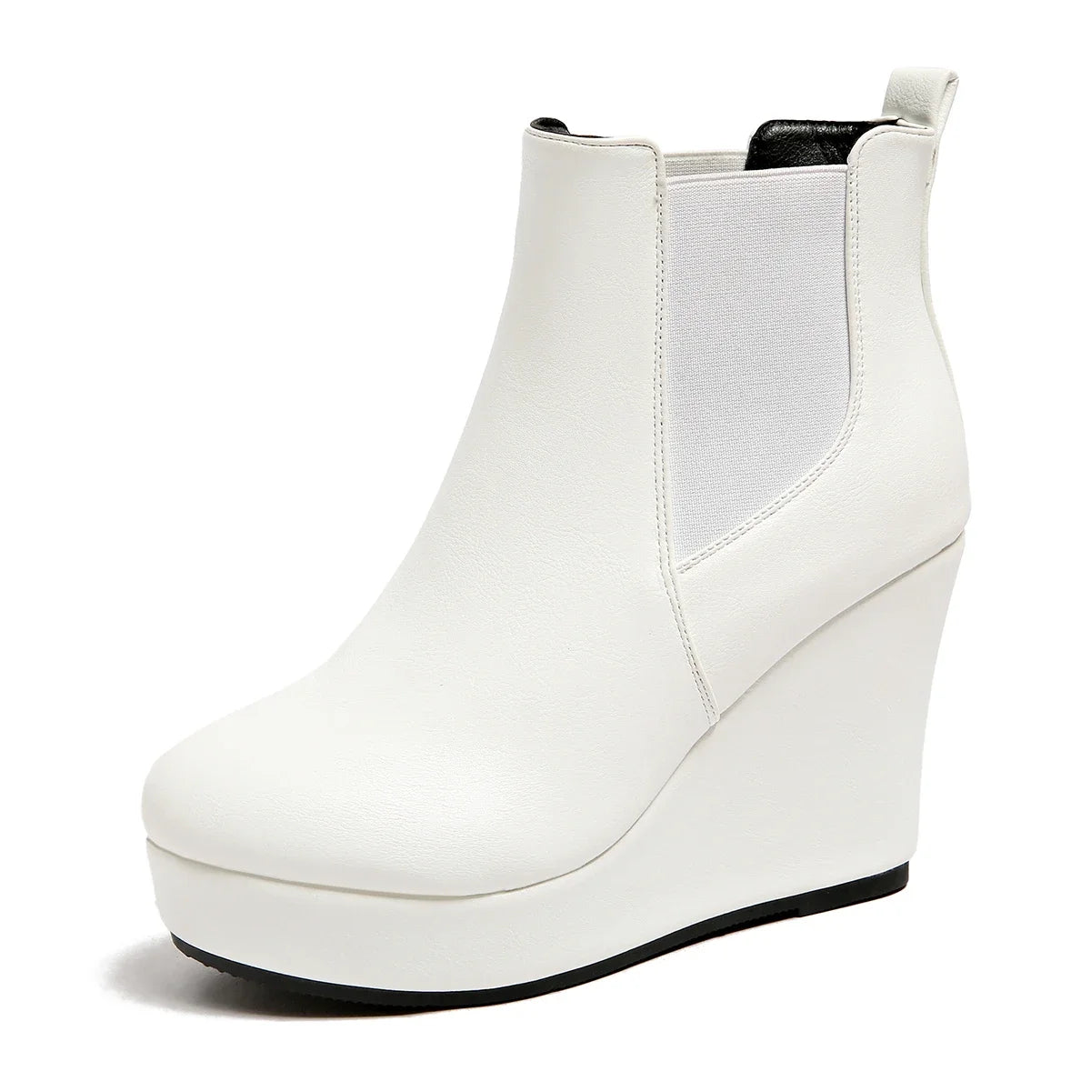 Women Platform Wedge Heel Chelsea Ankle Boots, Elastic Side Slip‑On Faux Leather Solid Color Spring Autumn Casual Short Booties