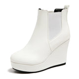 Women Platform Wedge Heel Chelsea Ankle Boots, Elastic Side Slip‑On Faux Leather Solid Color Spring Autumn Casual Short Booties