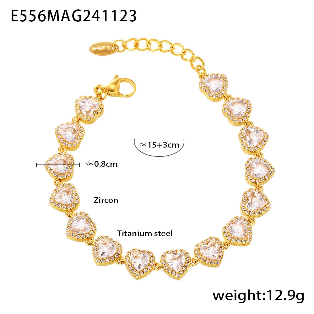 Colorful Zircon Necklace Heart Chain Bracelet Set Women's 316L Stainless Steel Gold-Plated Luxury Wedding Jewelry Accessories