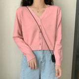 2026 Women Long Sleeve Cropped Cardigan V Neck Button Down Knit Lady Autumn Spring Knitted Single-breasted Cardigan Sweaters