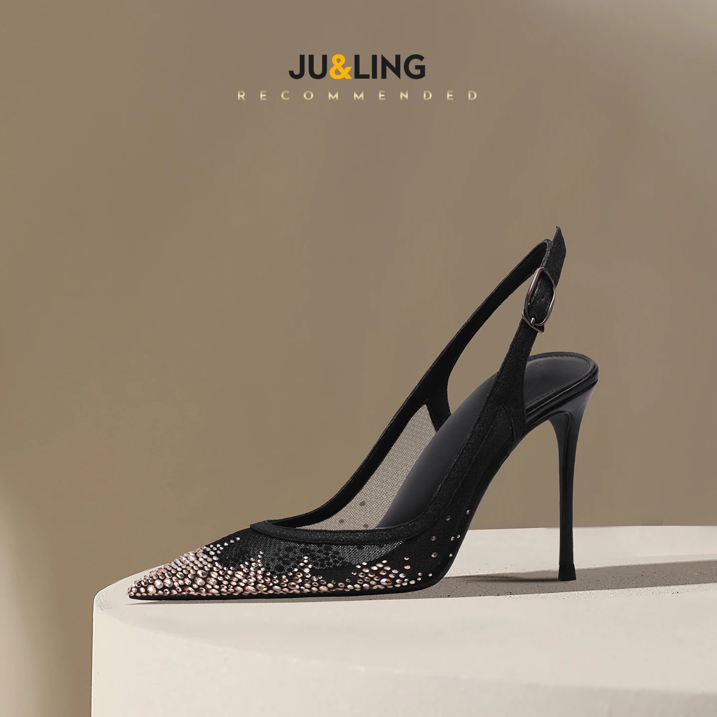 New Baotou Sexy Sandals with One Buckle and Summer Mesh, Rhinestone High Heels for Women, Slim Heels, Shallow Mouth