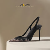 New Baotou Sexy Sandals with One Buckle and Summer Mesh, Rhinestone High Heels for Women, Slim Heels, Shallow Mouth
