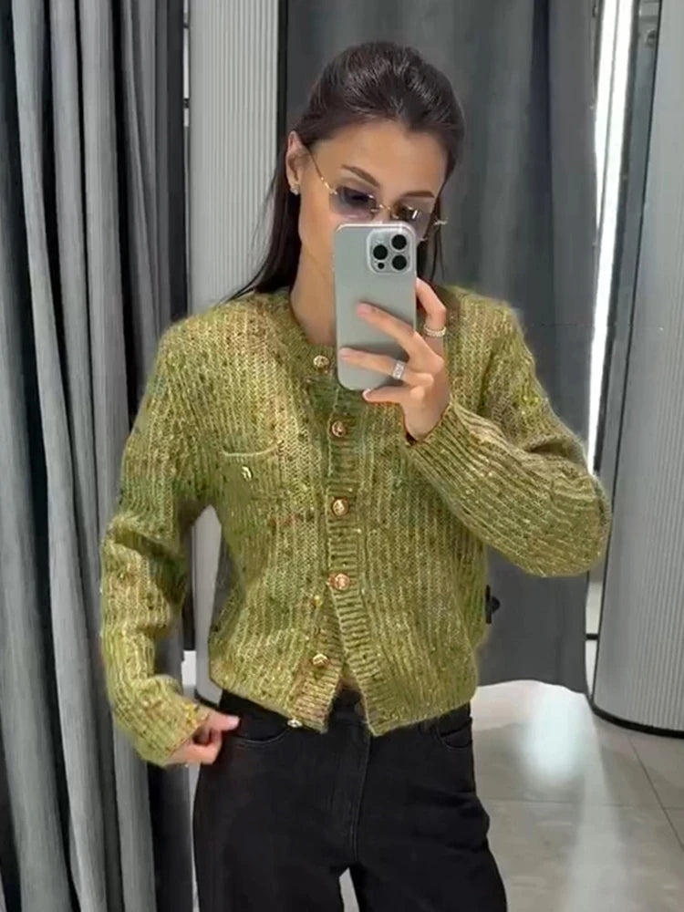 Chic Speckled Knit Cardigan Round Neck Shoulder Pads Long Sleeve Single Breasted Patch Pockets Daily Women Top 2026 Autumn Tops