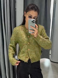 Chic Speckled Knit Cardigan Round Neck Shoulder Pads Long Sleeve Single Breasted Patch Pockets Daily Women Top 2026 Autumn Tops