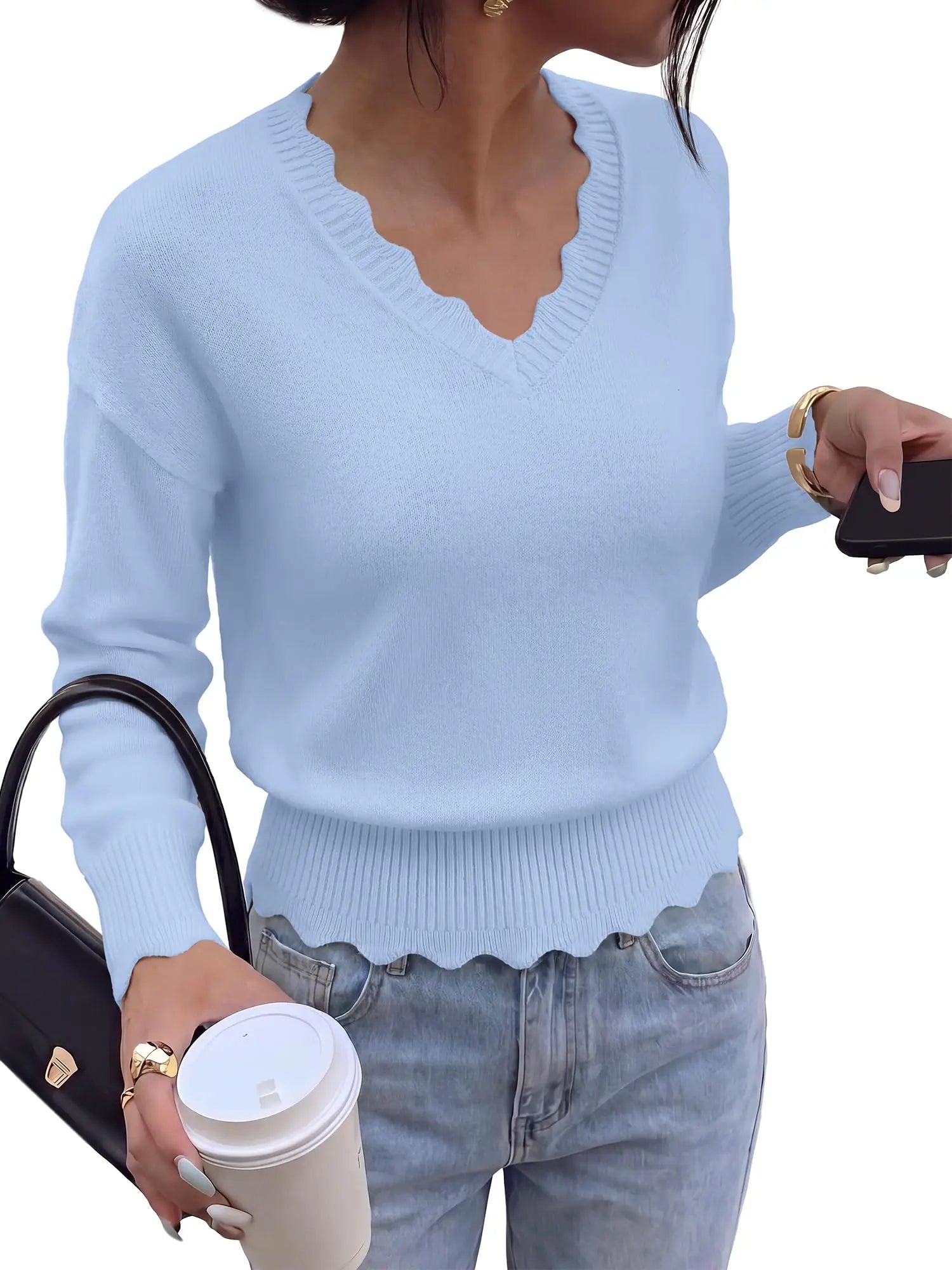 Lightweight Knit Sweaters Top For Women Daily Wear Scallop Edges V Neck Pullover Tops Autumn And Winter Long Sleeved