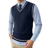 Mens V Neck Knitted Sweater Vest Lightweight Breathable Patchwork Pullover Autumn Casual Business Streetwear Knitwear for Men