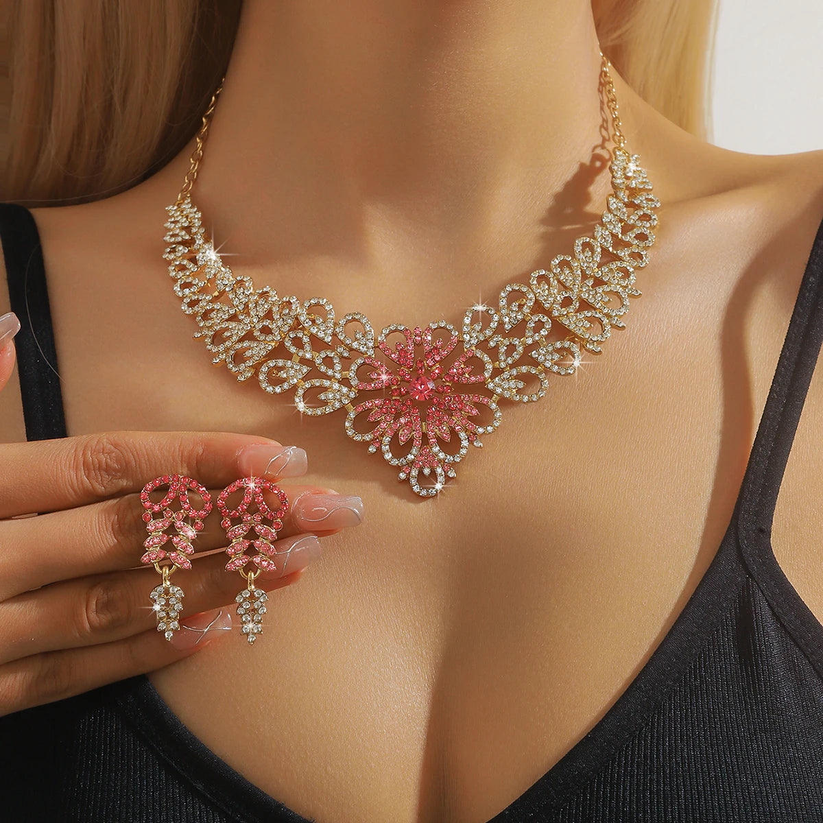 Luxury Pink Crystal Flower Jewelry Set Gold Plated Rhinestone Necklace & Earrings for Women Wedding Party Prom Accessories