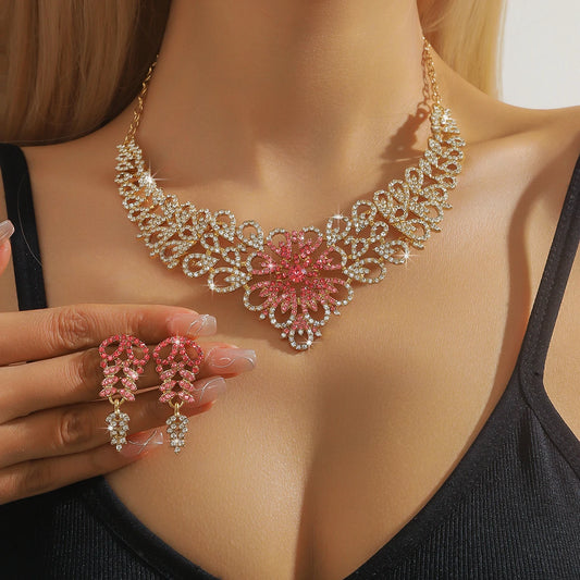 Luxury Pink Crystal Flower Jewelry Set Gold Plated Rhinestone Necklace & Earrings for Women Wedding Party Prom Accessories