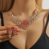 Luxury Pink Crystal Flower Jewelry Set Gold Plated Rhinestone Necklace & Earrings for Women Wedding Party Prom Accessories