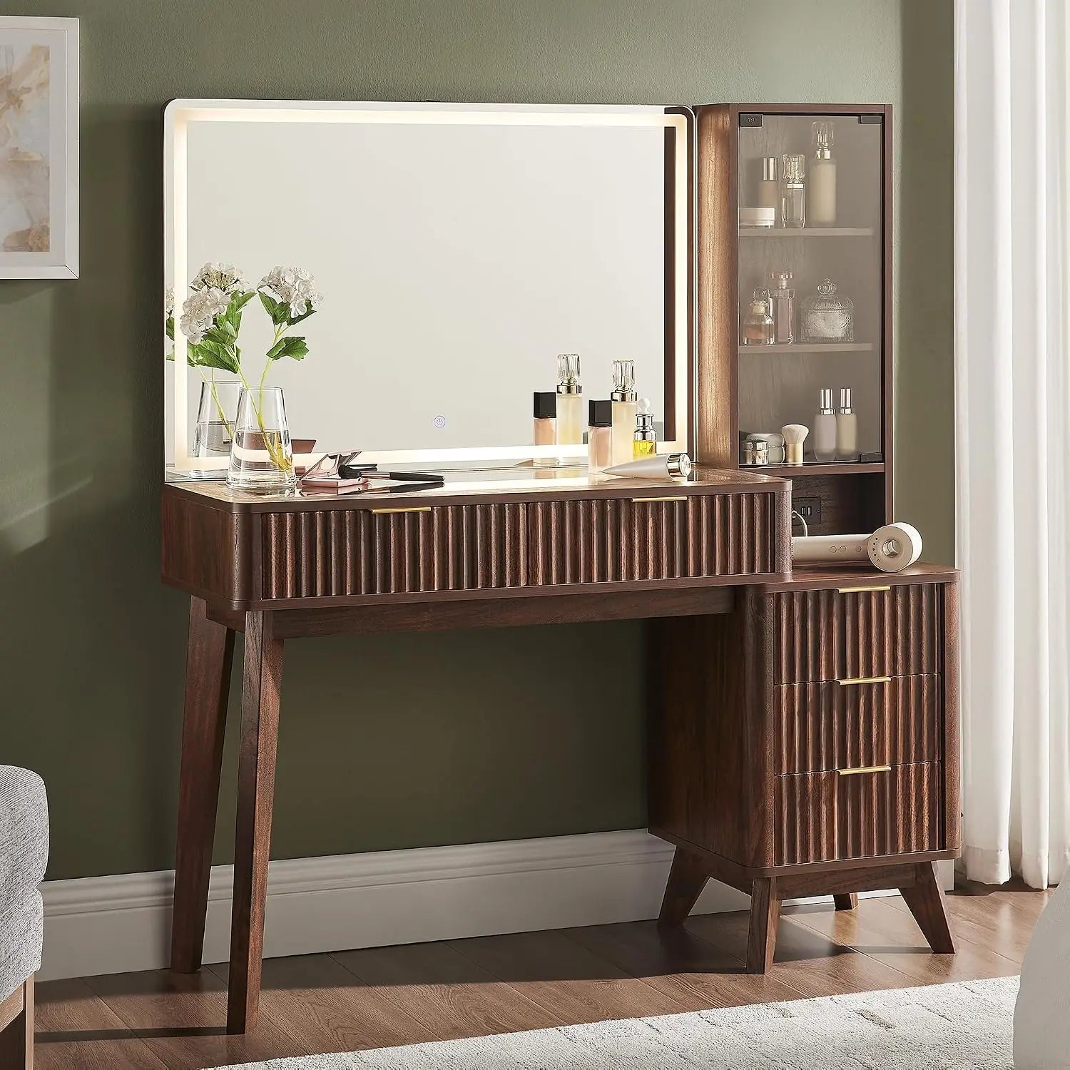 Fluted 48 Inch Makeup Vanity Desk 36 Inch Lighted Mirror Dark Walnut Smart LED Visible Glass Top 5 Drawers Adjustable Storage Sh