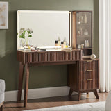 Fluted 48 Inch Makeup Vanity Desk 36 Inch Lighted Mirror Dark Walnut Smart LED Visible Glass Top 5 Drawers Adjustable Storage Sh