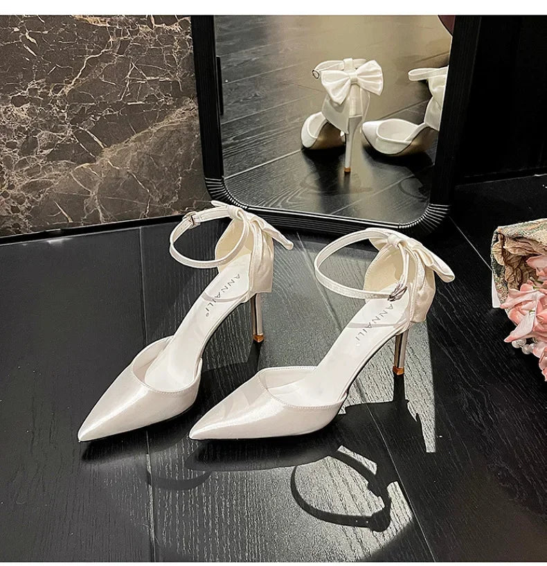 New One line Ribbon White Wedding Shoes Sweet Bow Bridal Shoes Large Heels