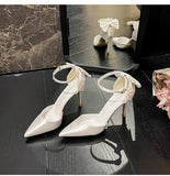 New One line Ribbon White Wedding Shoes Sweet Bow Bridal Shoes Large Heels