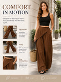 Women Wrap Front Linen Wide Leg Pants, High Waist Elastic Back Waist Culottes with Pockets, Casual Loose Fit Trousers for Summer Beach Daily Streetwear