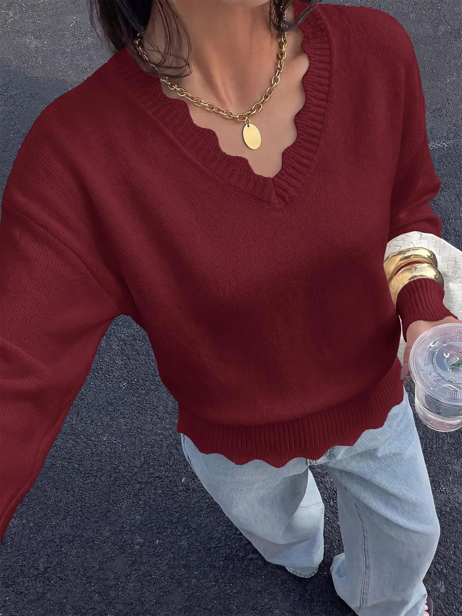 Lightweight Knit Sweaters Top For Women Daily Wear Scallop Edges V Neck Pullover Tops Autumn And Winter Long Sleeved