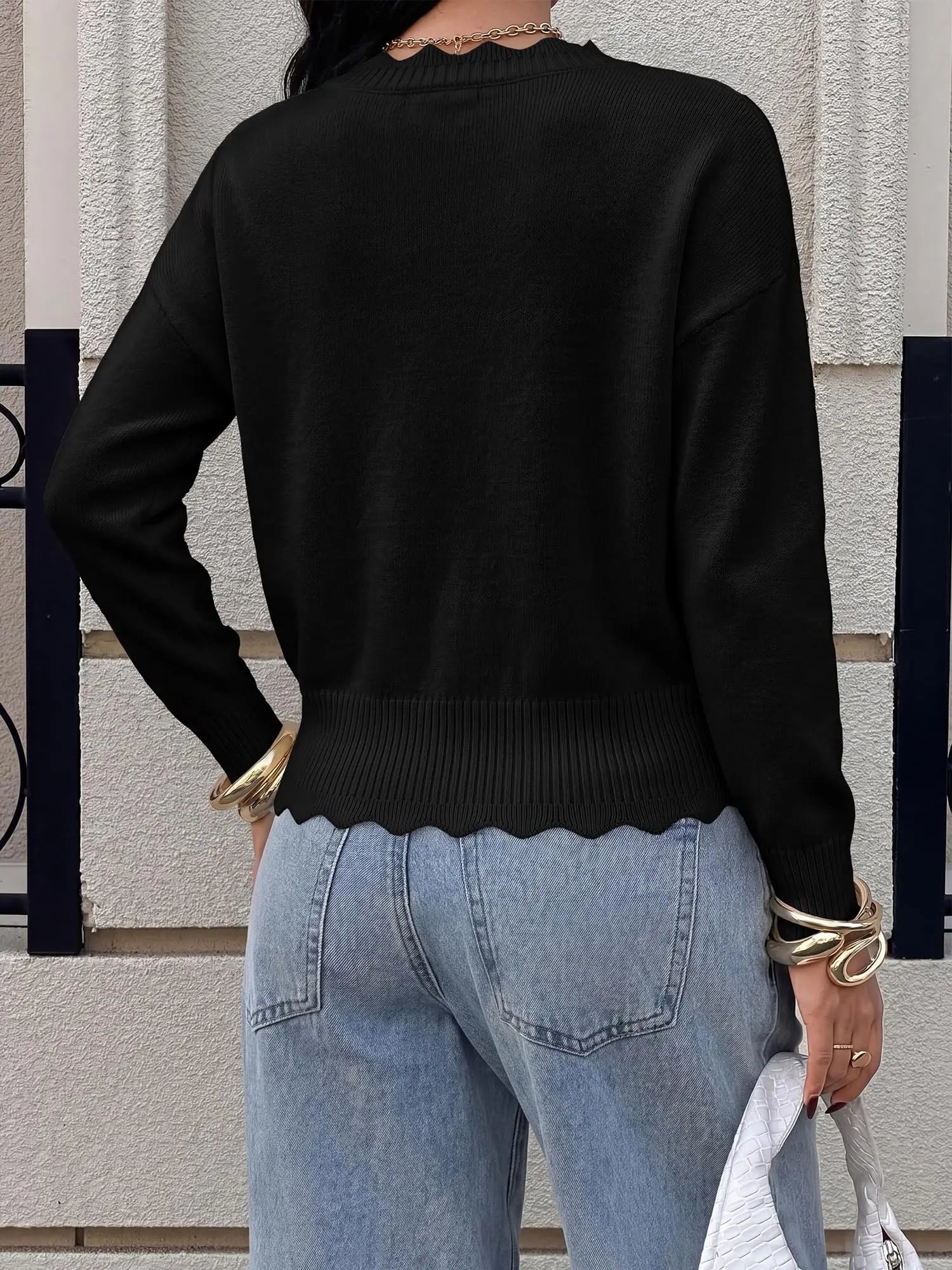 Lightweight Knit Sweaters Top For Women Daily Wear Scallop Edges V Neck Pullover Tops Autumn And Winter Long Sleeved