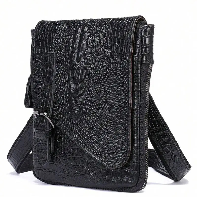 Flap‑over Business Men Crossbody Shoulder Bag, Crocodile Texture First Layer Cowhide Genuine Leather Messenger Bag for Office & Daily Commute