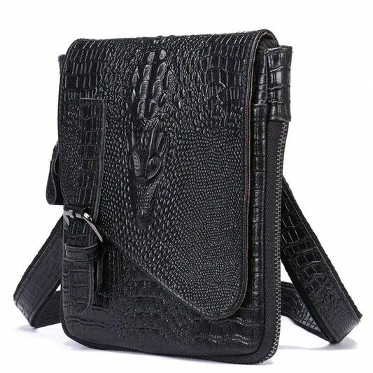Flap‑over Business Men Crossbody Shoulder Bag, Crocodile Texture First Layer Cowhide Genuine Leather Messenger Bag for Office & Daily Commute