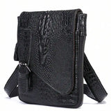 Flap‑over Business Men Crossbody Shoulder Bag, Crocodile Texture First Layer Cowhide Genuine Leather Messenger Bag for Office & Daily Commute