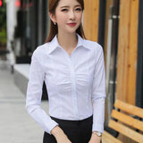 Fashion Turn-Down Collar Folds Shirts Women Autumn Slim Fit Solid White Inner Wear Button Chic Design Versatile Long Sleeve Tops