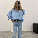 HXAO 2025 Woman Blouses Long Stripe Shirts Women Spring Summer Long Sleeve Blue White Shirt Woman Large Tops Button Up Shirts