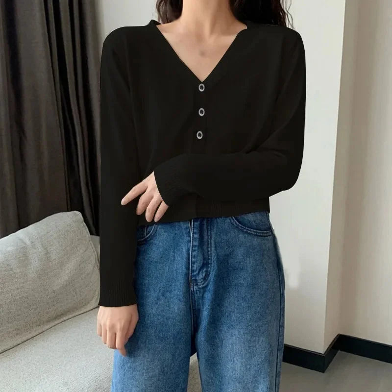 2026 Women Long Sleeve Cropped Cardigan V Neck Button Down Knit Lady Autumn Spring Knitted Single-breasted Cardigan Sweaters